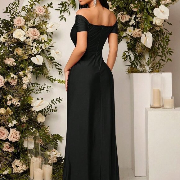Black Preppy Womens Off Shoulder Ruched Split Thigh Dress - Picture 2 of 5